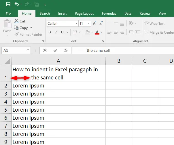 indent a single line inside Excel cell