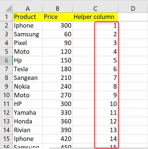 Excel helper column