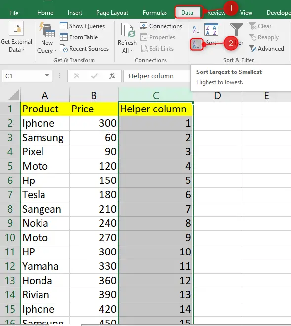 Excel sort from the largest to the smallest